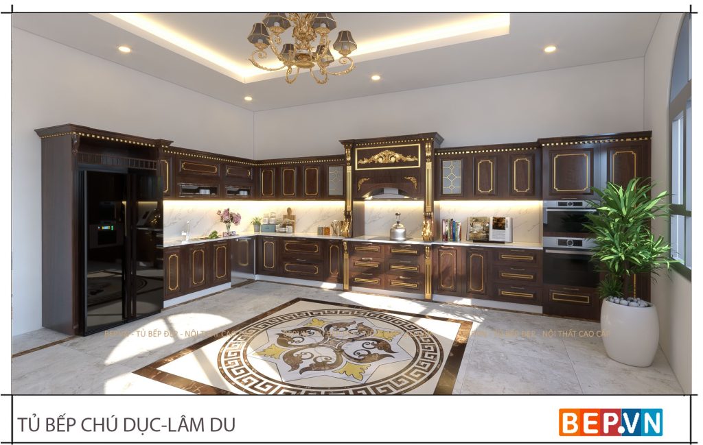 Tủ bếp tân cổ điển dát vàng đẳng cấp