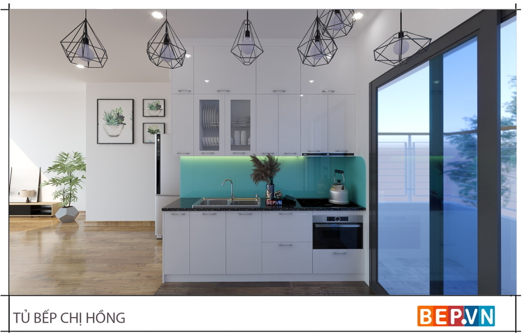 Thiết kế tủ bếp thẳng dài hơn 2m chị Hồng - Hoàng Đạo Thúy sử dụng gỗ chống ẩm phủ nhựa