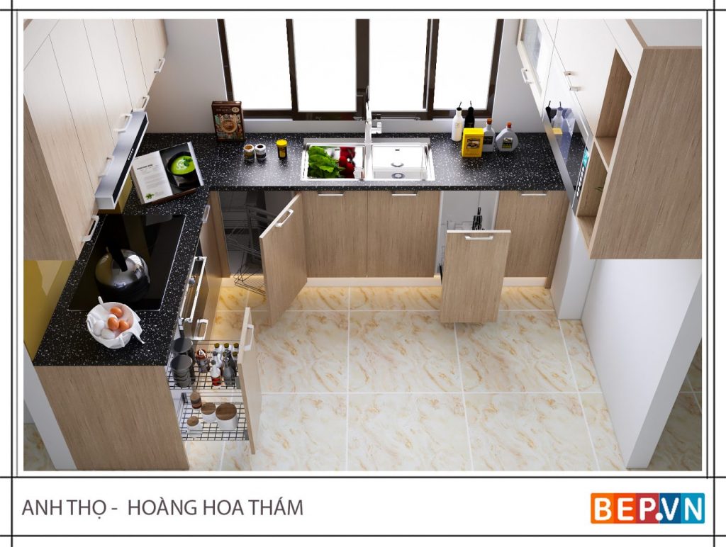 Bàn bếp làm bằng đá kim sa đen tiết kiệm chi phí mà vẫn đảm bảo độ bền và tính thẩm mỹ.