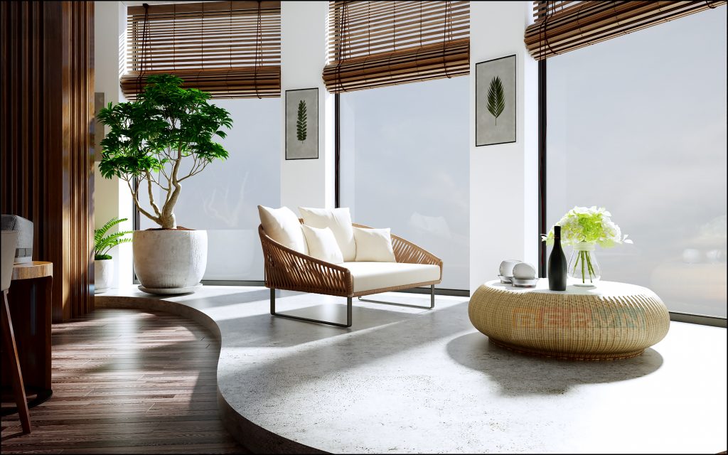Thiết kế cửa kính thay các bức tường giúp không gian phòng khách luôn thoáng đãng và nhận được ánh sáng tự nhiên.