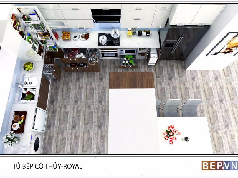 Tủ bếp Acrylic chữ L cô Thủy Royal