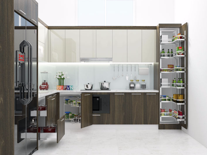 tủ bếp acrlylic kiểu chữ L nhà anh Hà
