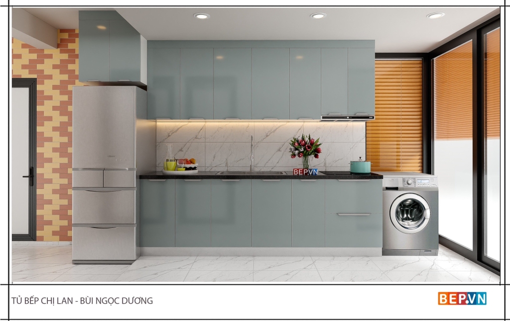 tủ bếp inox cánh kính cường lực màu xanh pastel hiên đại