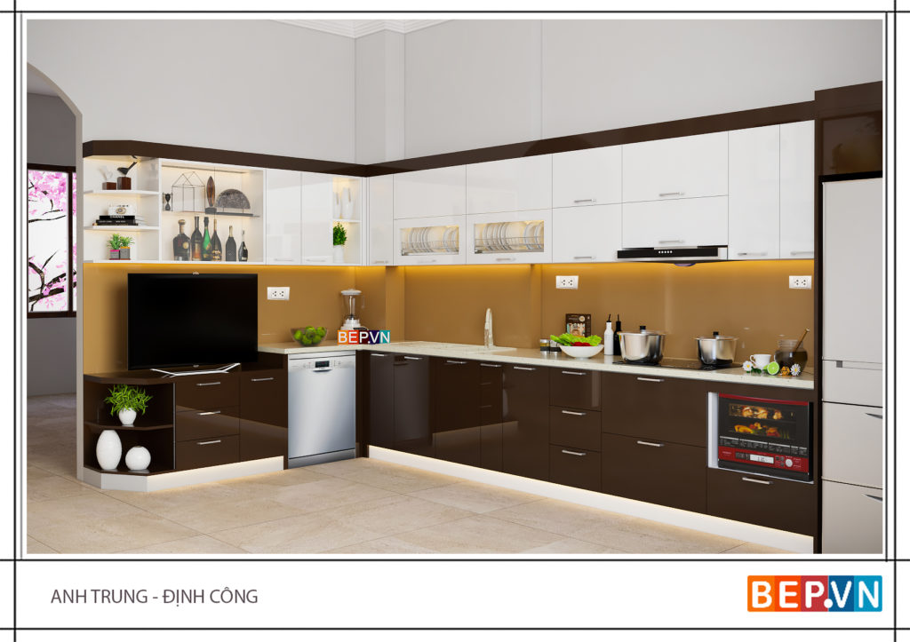 Tủ bếp gỗ đẹp kiểu chữ L nhà anh Trung