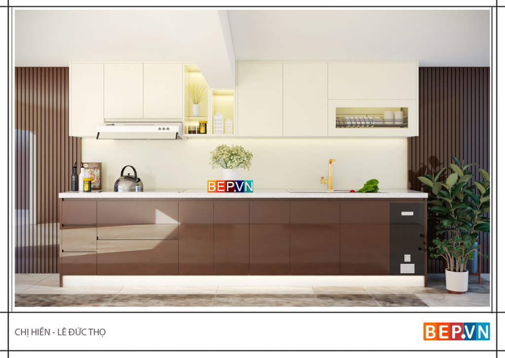 Tủ bếp thẳng đẹp, hiện đại nhà chị Hiền