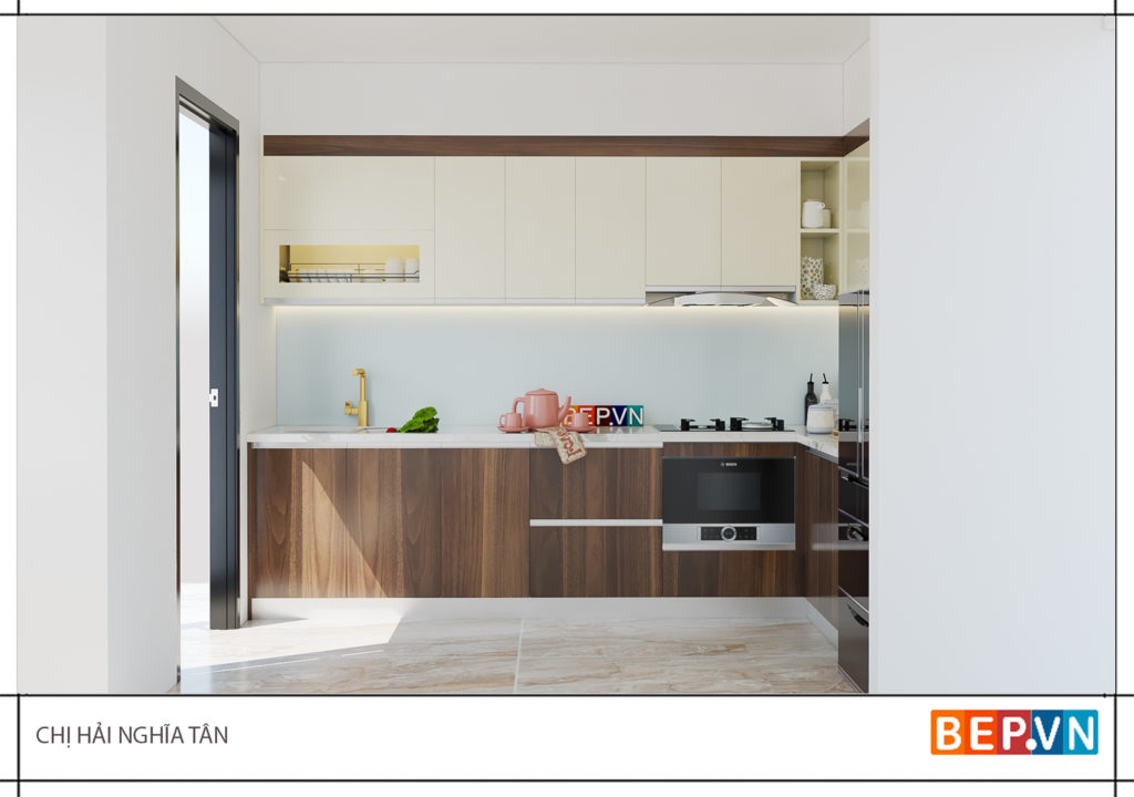 Tủ bếp chữ L kết hợp giữa hai chất liệu Acrylic và Laminate