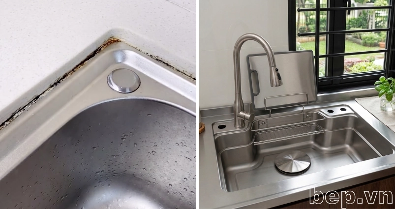 Mặt bàn inox liền chậu sạch sẽ