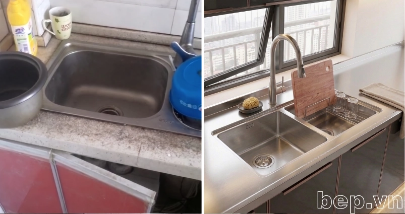 Mặt bàn inox liền chậu sáng bóng