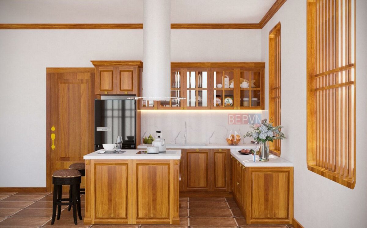 Tủ bếp gỗ Gõ đỏ tự nhiên - Tủ bếp Chú Thịnh Thường Tín