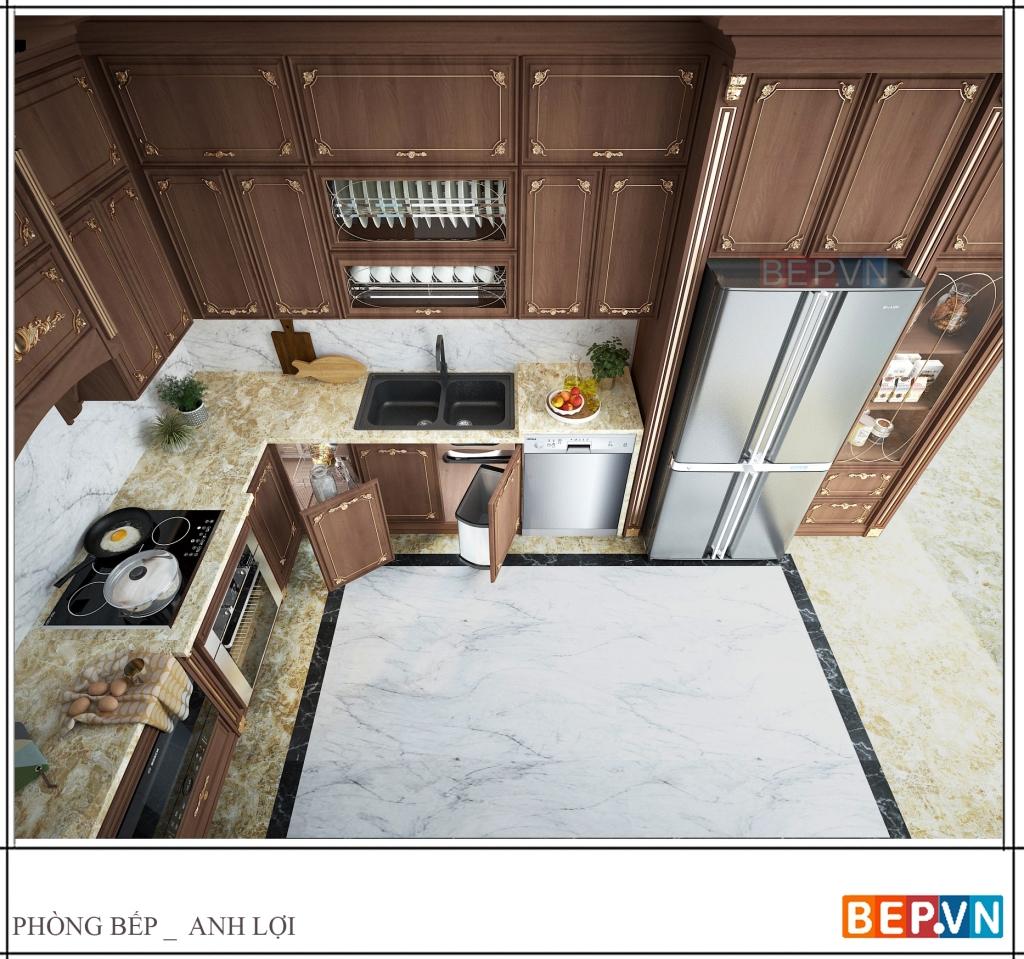 Tủ bếp gỗ tự nhiên được thiết kế theo phong cách tân cổ điển sang trọng với đầy đủ phụ kiện, thiết bị bếp hiện đại Thiết kế tủ bếp phong cách tân cổ điển sang trọng