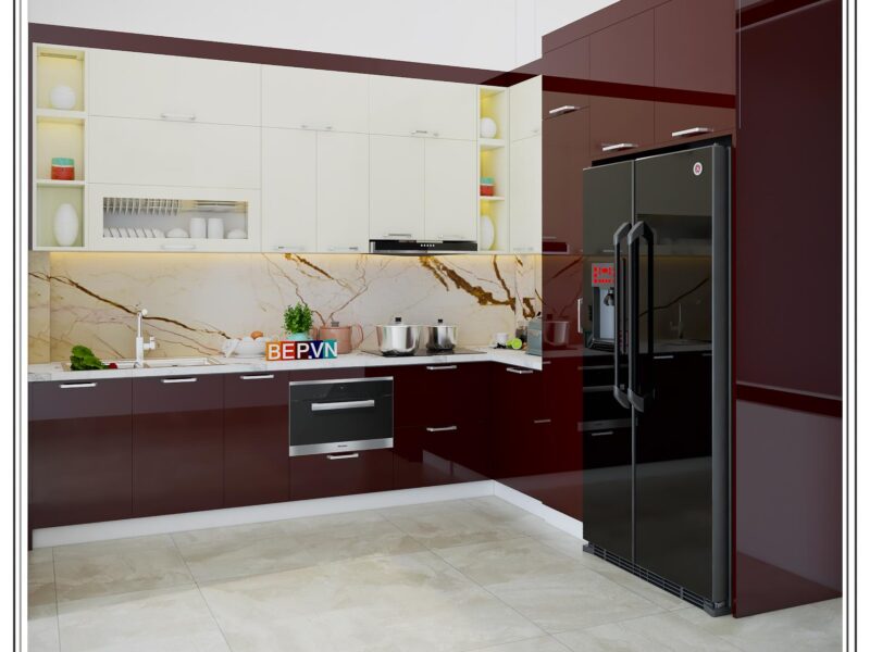 Tủ bếp Acrylic chữ L gia đình anh Trung- Minh Khai