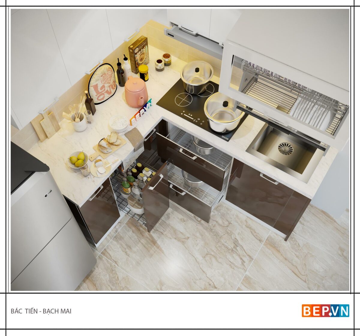 Tủ bếp Acrylic chữ L gia đình Bác Tiến - Bạch mai
