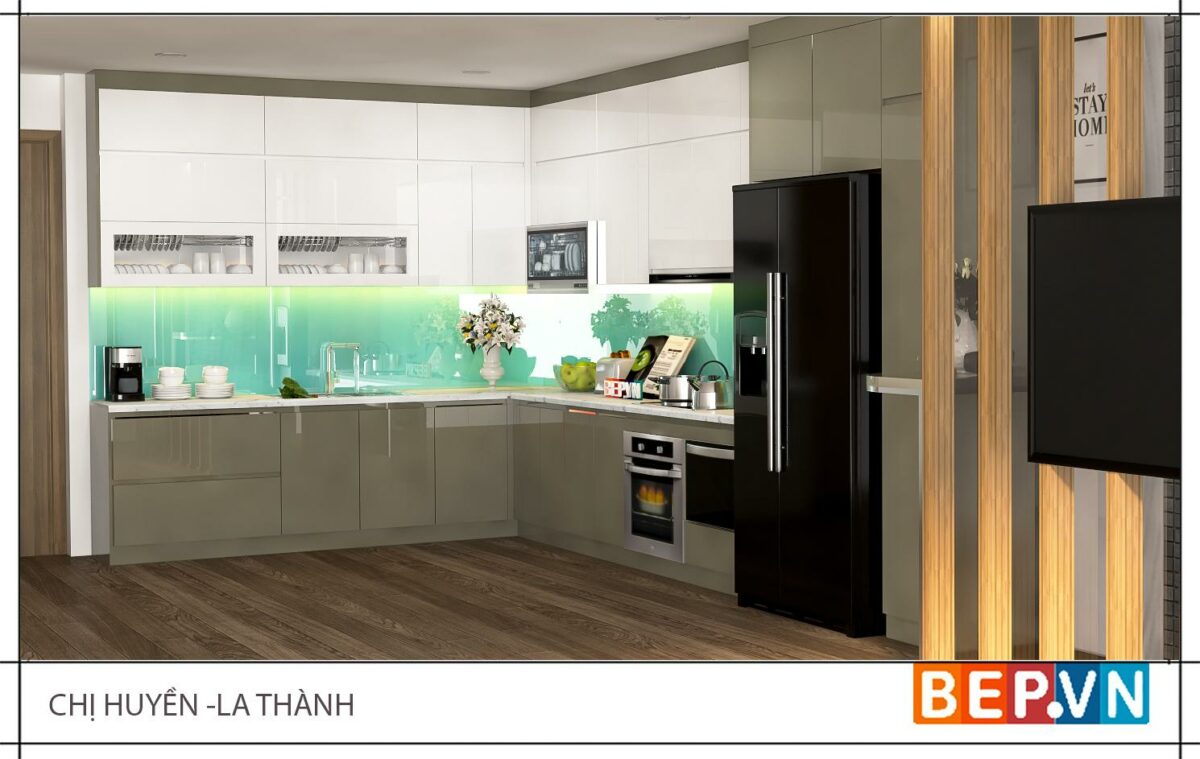 Tủ bếp Acrylic chữ L gia đình chị Huyền