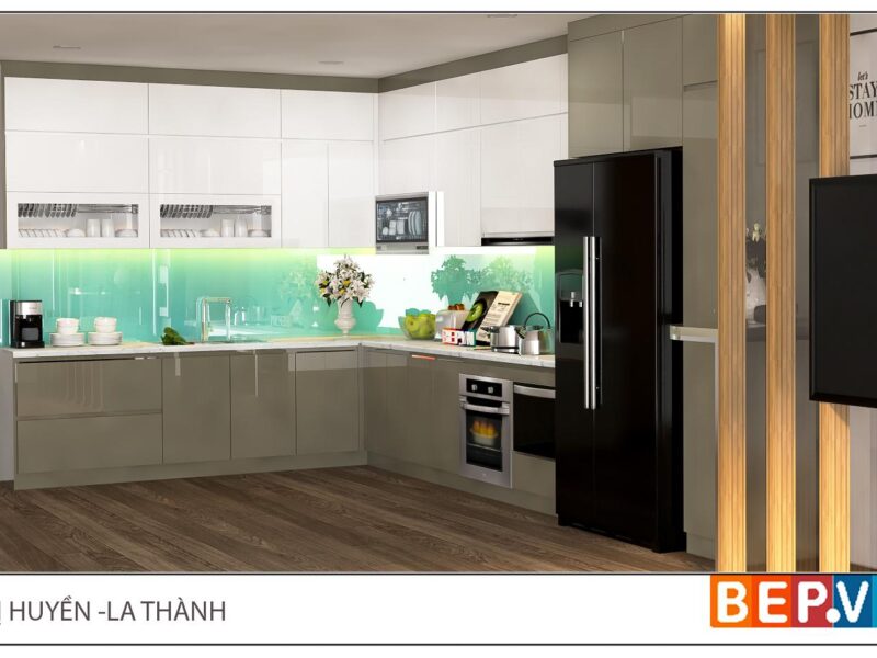 Tủ bếp Acrylic chữ L gia đình chị Huyền
