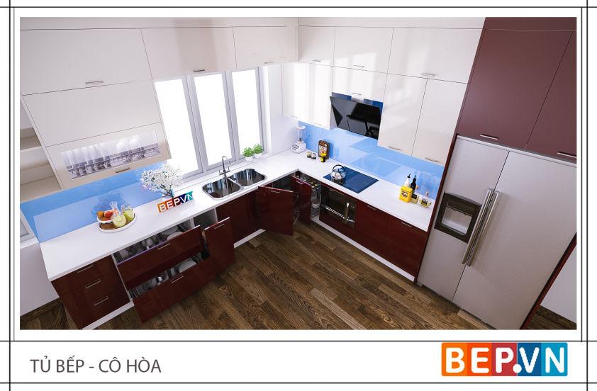 Mẫu tủ bếp Acrylic chữ L màu rượu vang gia đình cô Hòa.