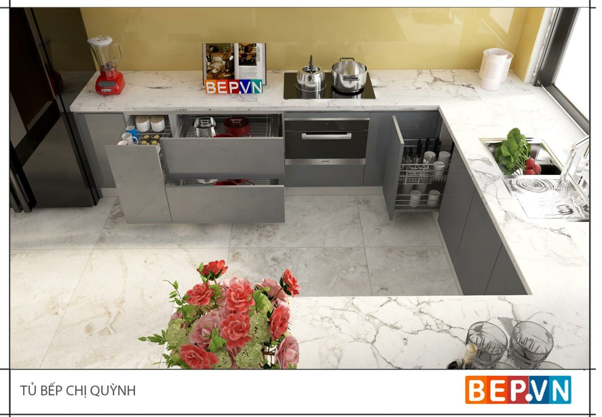 Tủ bếp Acrylic chữ U gia đình chị Quỳnh - Hưng Yên - Hình ảnh 4