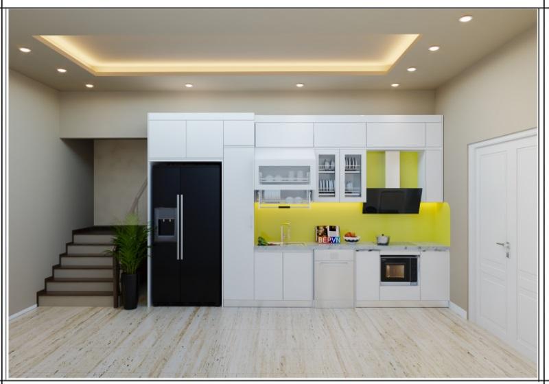 Tủ bếp Acrylic thẳng dưới chân cầu thang