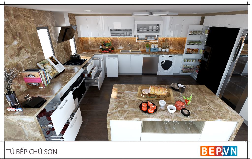Mẫu tủ bếp chữ U sử dụng chất liệu Acrylic nhập khẩu