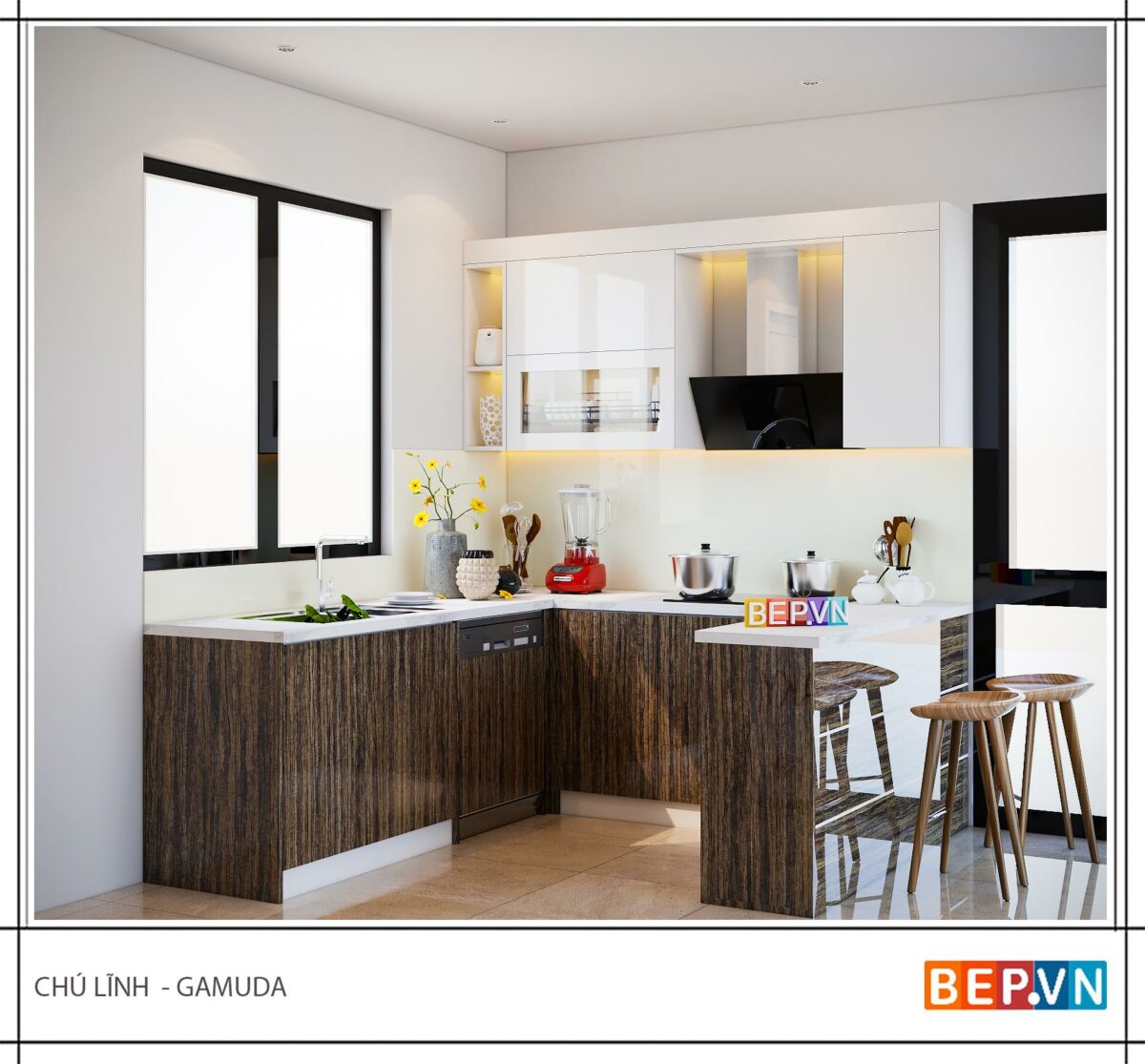 Tủ bếp Acrylic chữ U gia đình chú Lĩnh