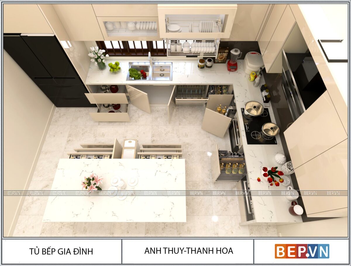 Tủ bếp Acrylic có bàn đảo gia đình anh Thủy - Thanh Hóa - Hình ảnh 2