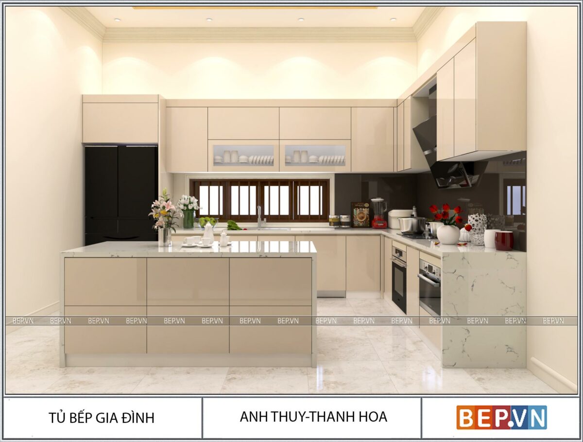 Tủ bếp Acrylic có bàn đảo gia đình anh Thủy - Thanh Hóa - Hình ảnh 3