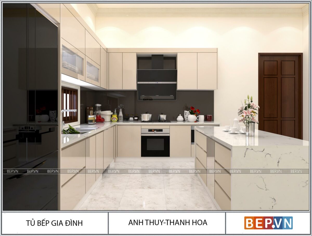 Tủ bếp Acrylic có bàn đảo gia đình anh Thủy - Thanh Hóa