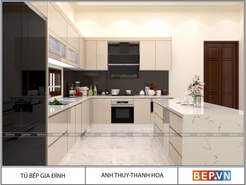 Tủ bếp Acrylic có bàn đảo gia đình anh Thủy - Thanh Hóa