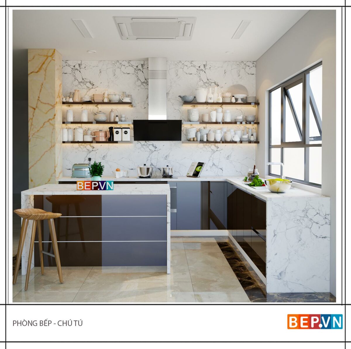 Tủ bếp Acrylic có bàn đảo gia đình chú Tú