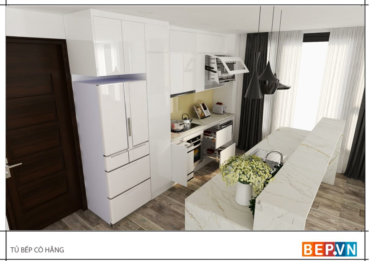Tủ bếp Acrylic có bàn đảo gia đình cô Hằng