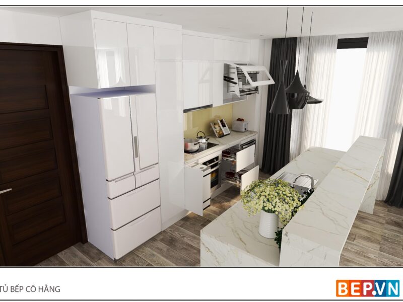 Tủ bếp Acrylic có bàn đảo gia đình cô Hằng