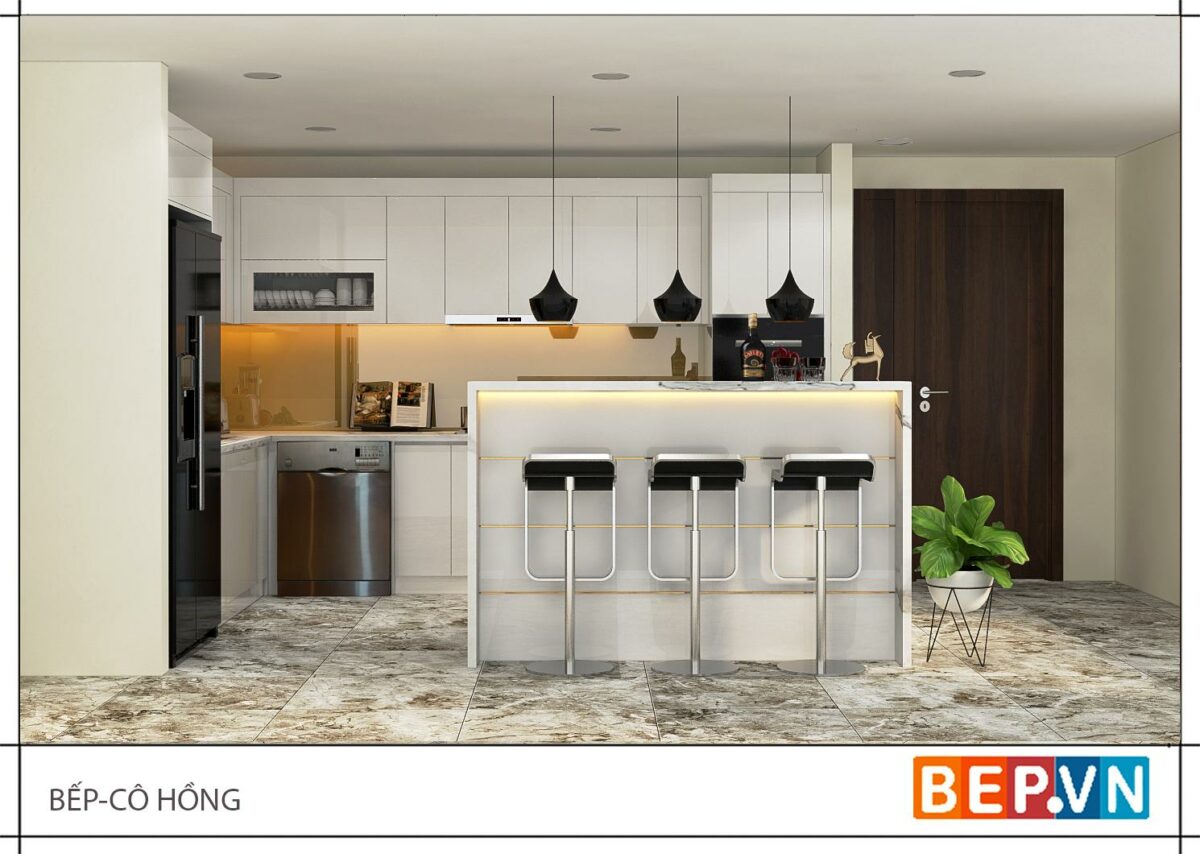 Tủ bếp Acrylic có bàn đảo gia đình cô Hồng - Hình ảnh 2