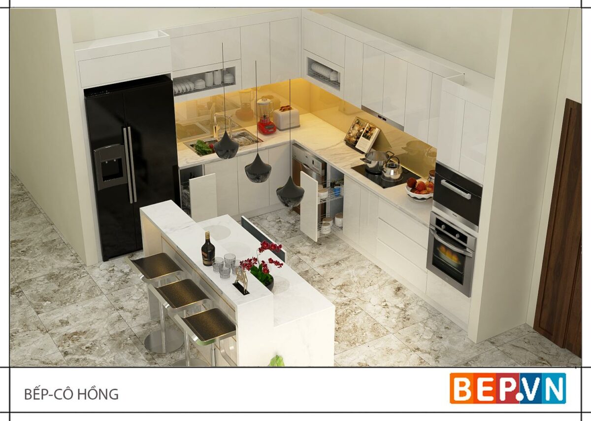 Tủ bếp Acrylic có bàn đảo gia đình cô Hồng