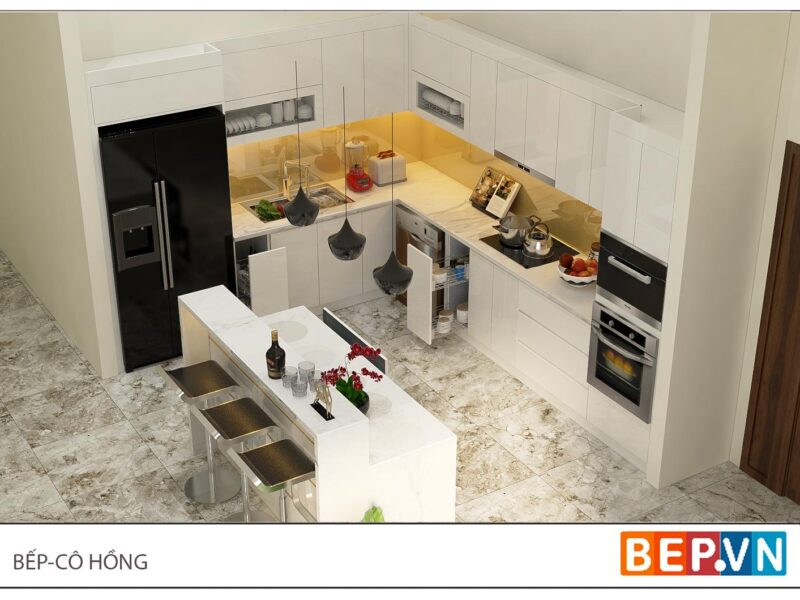 Tủ bếp Acrylic có bàn đảo gia đình cô Hồng