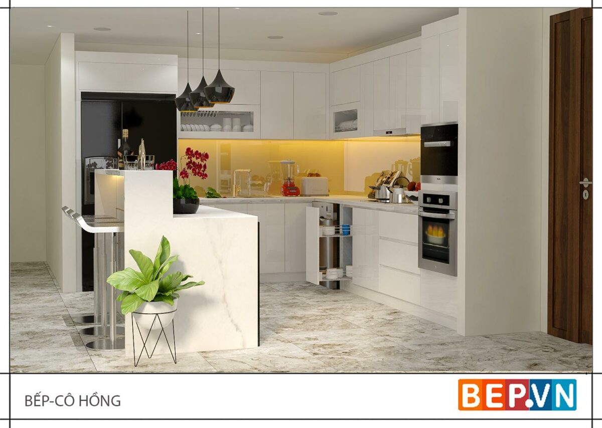 Tủ bếp Acrylic có bàn đảo gia đình cô Hồng - Hình ảnh 3