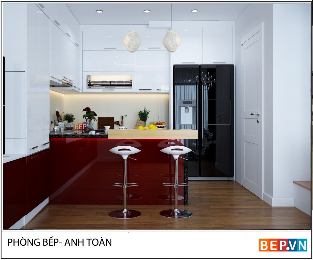 Mặc dù thiết kế nhà bếp có diện tích hạn chế nhưng với bàn đảo bếp nhỏ gọn và những chiếc ghế hài hòa. Đây là thiết kế bàn ăn hoàn hảo cho không gian này.