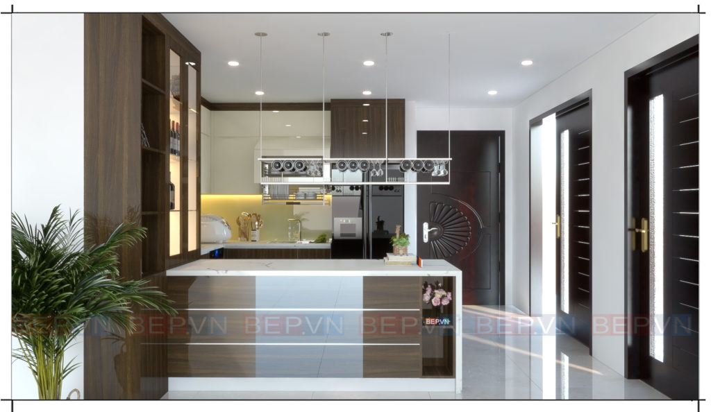 Mẫu tủ bếp đẹp có thêm quầy bar, tủ rượu trang trí