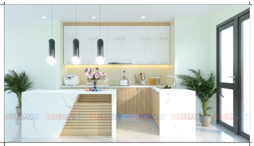 Mẫu thiết kế tủ bếp đơn giản, nhẹ nhàng và hiện đại với đảo bếp