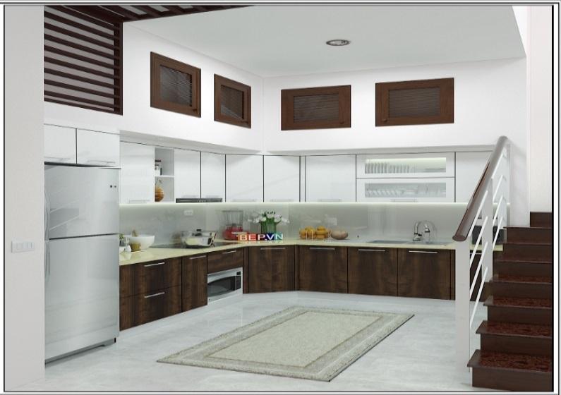 Tủ bếp chữ L dưới chân cầu thang rộng rãi
