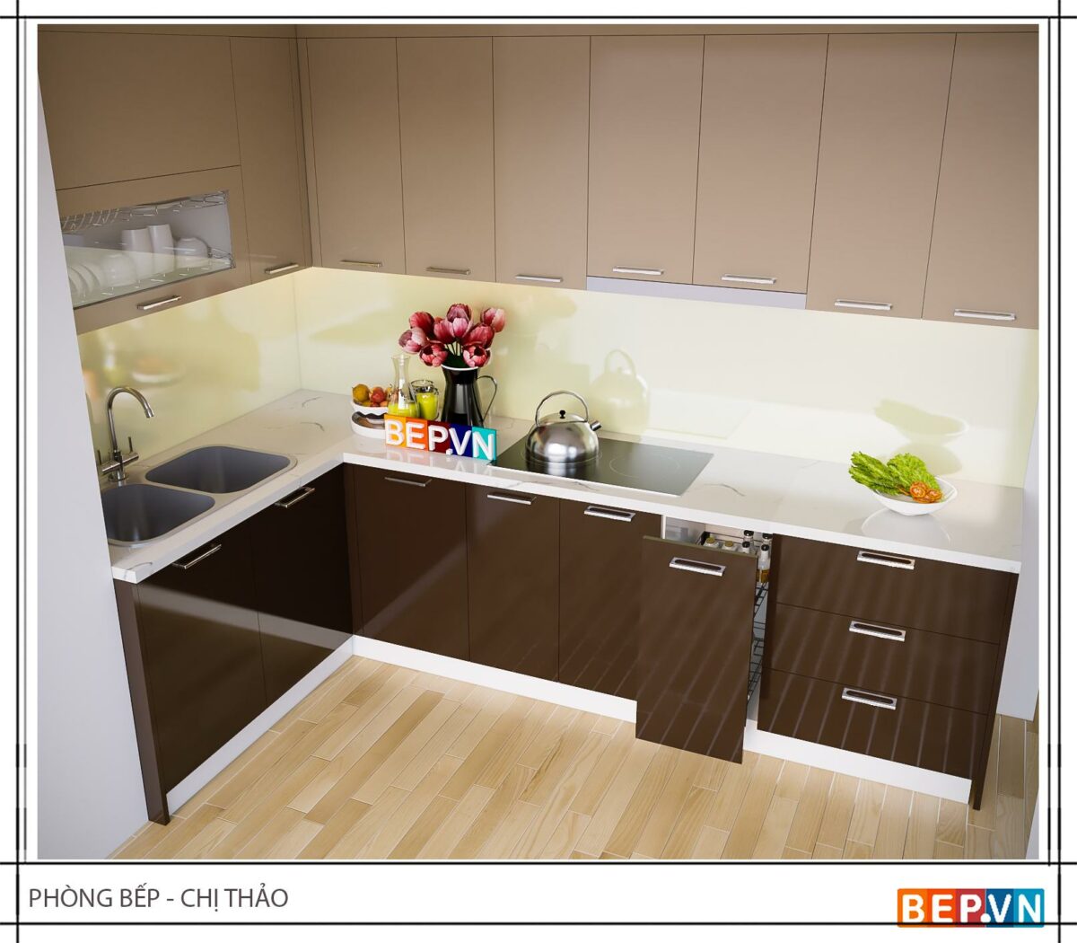 Tủ bếp Acrylic chữ L gia đình chị Thảo - Hình ảnh 2