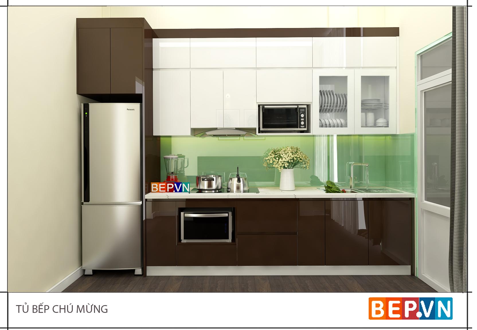 Mẫu tủ bếp gỗ công nghiệp Acrylic theo đường thẳng với nhiều ưu điểm nổi bật.