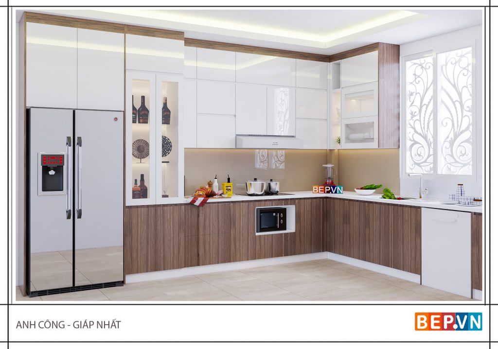 Mẫu tủ bếp gỗ đẹp chữ L đơn giản, hiện đại