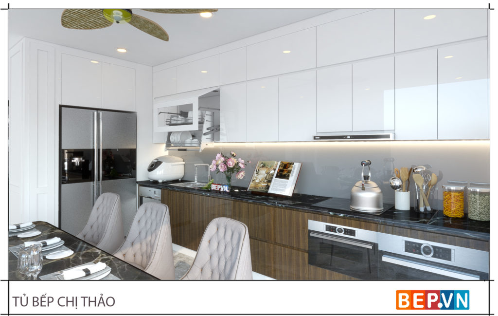 Tay nâng cánh tủ kết hợp giá bát nâng hạ