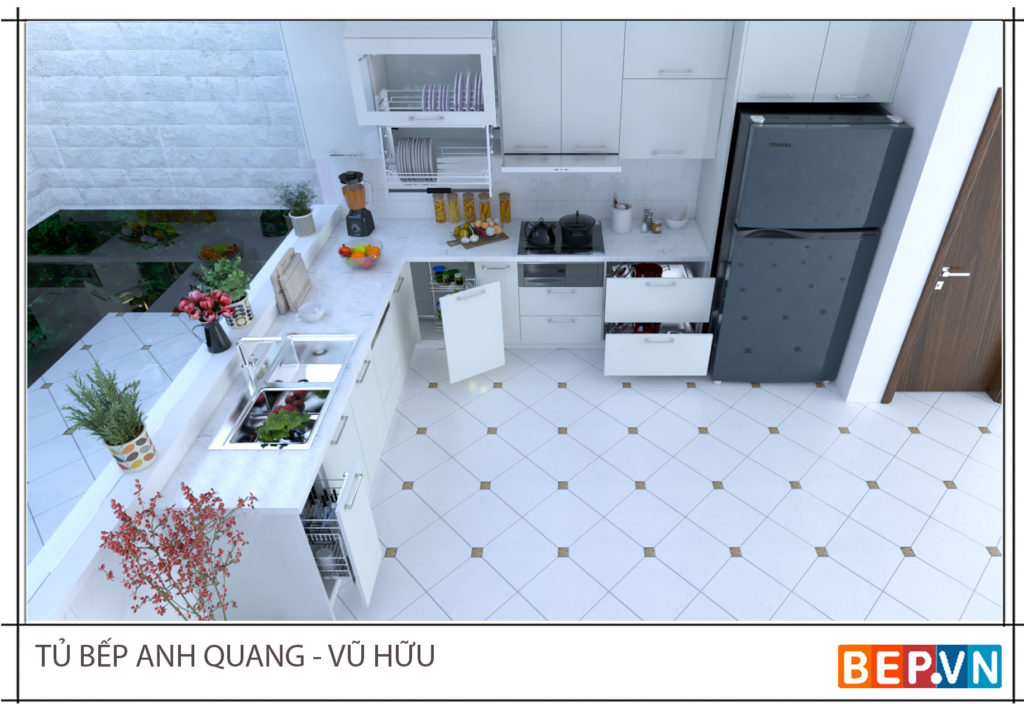 Tủ bếp chữ L sử dụng giải pháp tủ góc thông minh