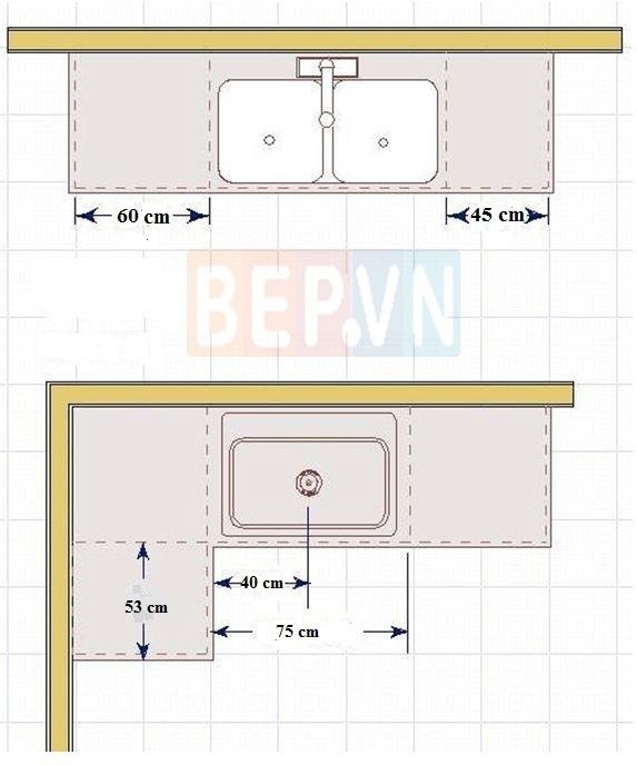 Không gian đệm hai bên bồn rửa theo chuẩn mực thiết kế nhà bếp
