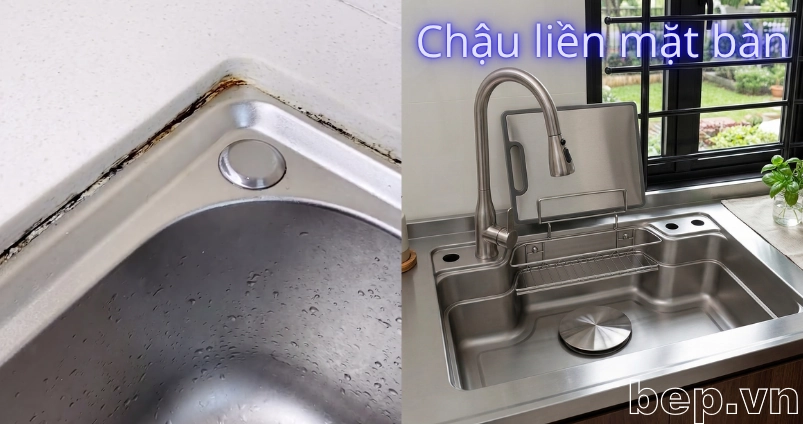 So sánh mặt bàn bếp inox với mặt đá 