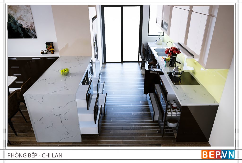 Bàn bếp phù hợp với tổng thể không gian mang lại giá trị thẩm mỹ cao .