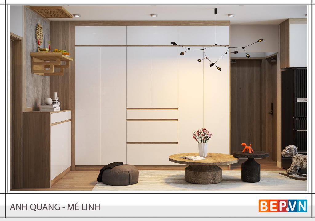 Tủ lớn ngay phòng khách giúp lưu trữ đồ đạc thoải mái, thiết kế đơn giản không rườm rà, rối rắm.