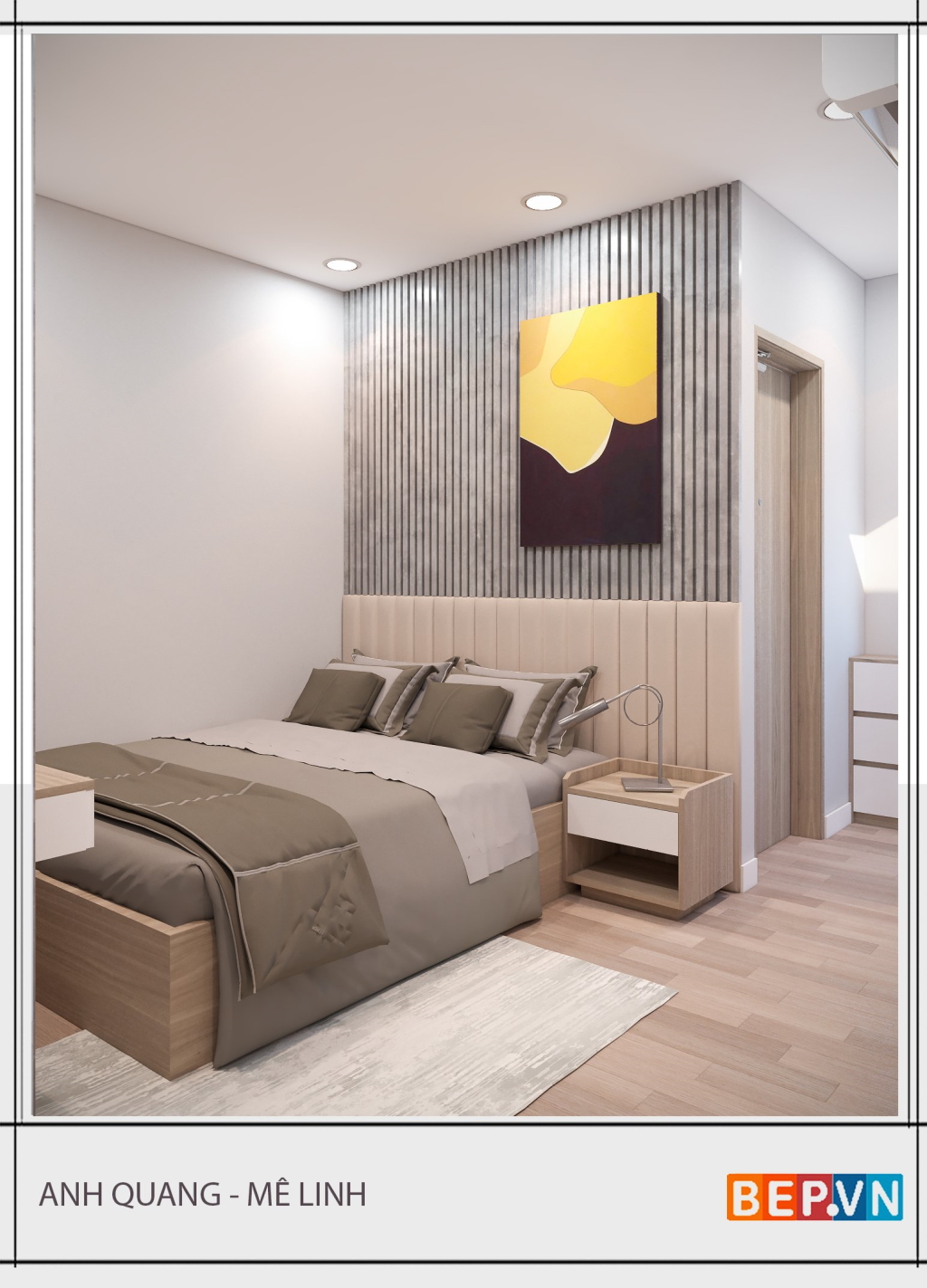 Vách đầu giường được thiết kế dạng nan tông màu độc đáo.