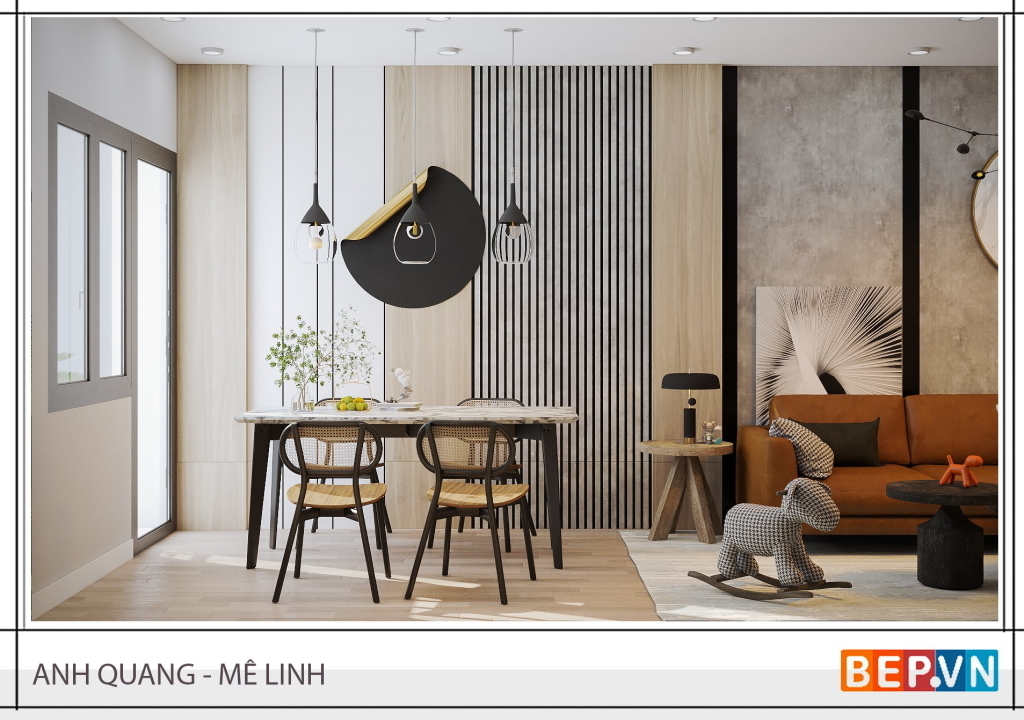 Sự kết hợp giữa chất liệu và các tông màu độc đáo cho phần vách trang trí là điểm cộng của thiết kế này.