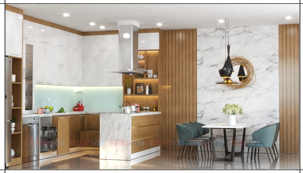 tủ bếp lựa chọn kết hợp hai chất liệu phủ mặt acrylic và laminate